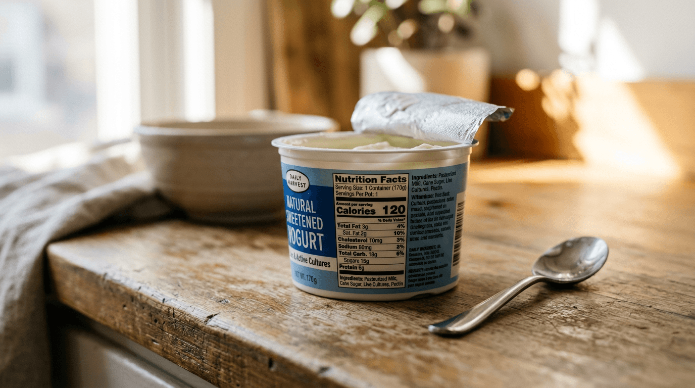 Envase de yogur natural edulcorado Hacendado con etiqueta visible mostrando composición, edulcorantes y datos nutricionales