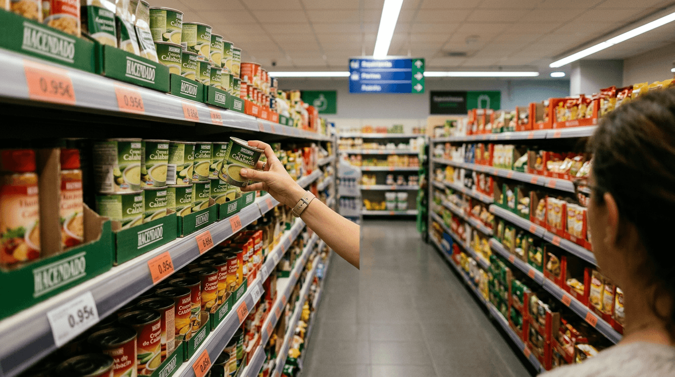 Pasillo de supermercado lleno de productos Hacendado, mano de comprador alcanzando un estante, luz fluorescente cenital, fotojournalismo