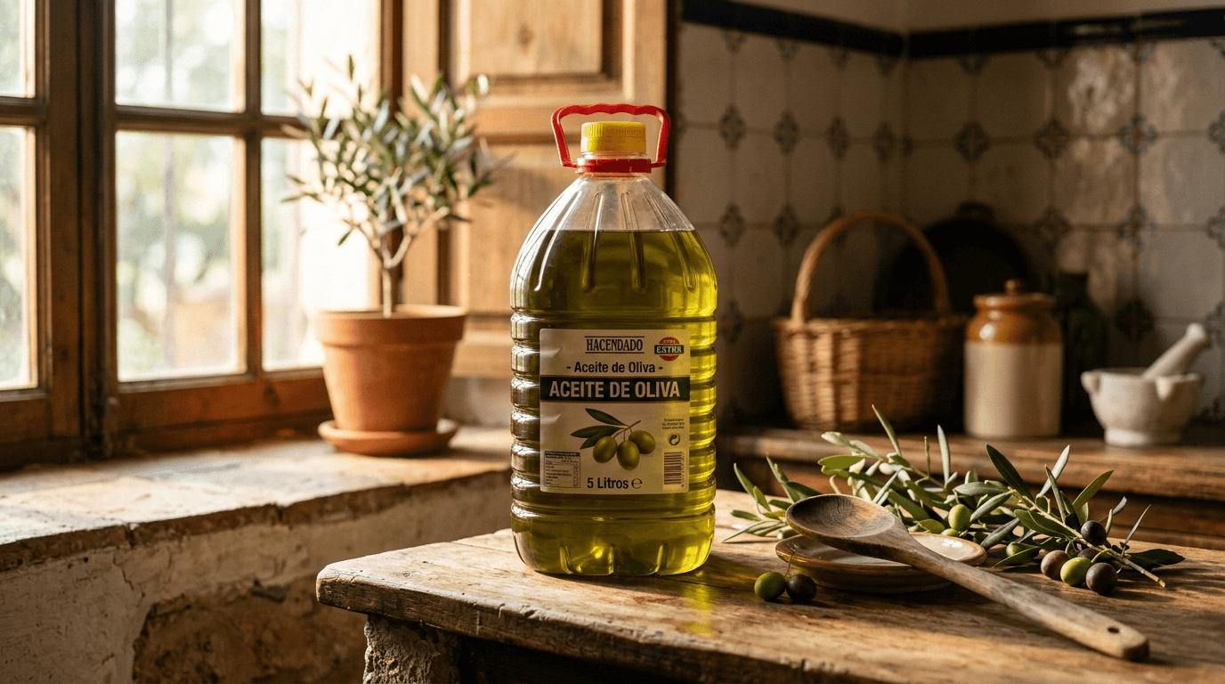 Garrafa de cinco litros de aceite de oliva Hacendado en una cocina española con luz natural dorada