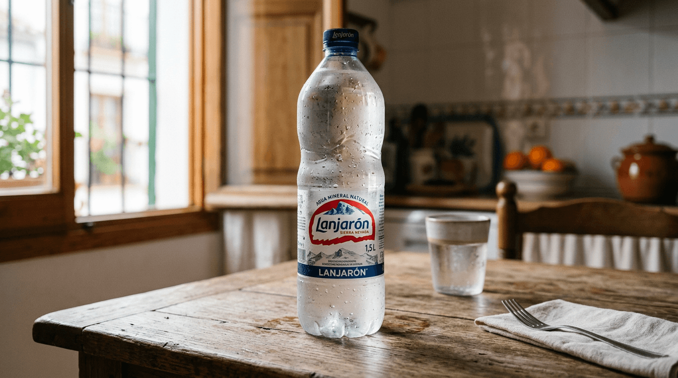 Botella de 1,5 litros de agua mineral Lanjarón con gotitas de condensación sobre una mesa de cocina española, luz natural de ventana