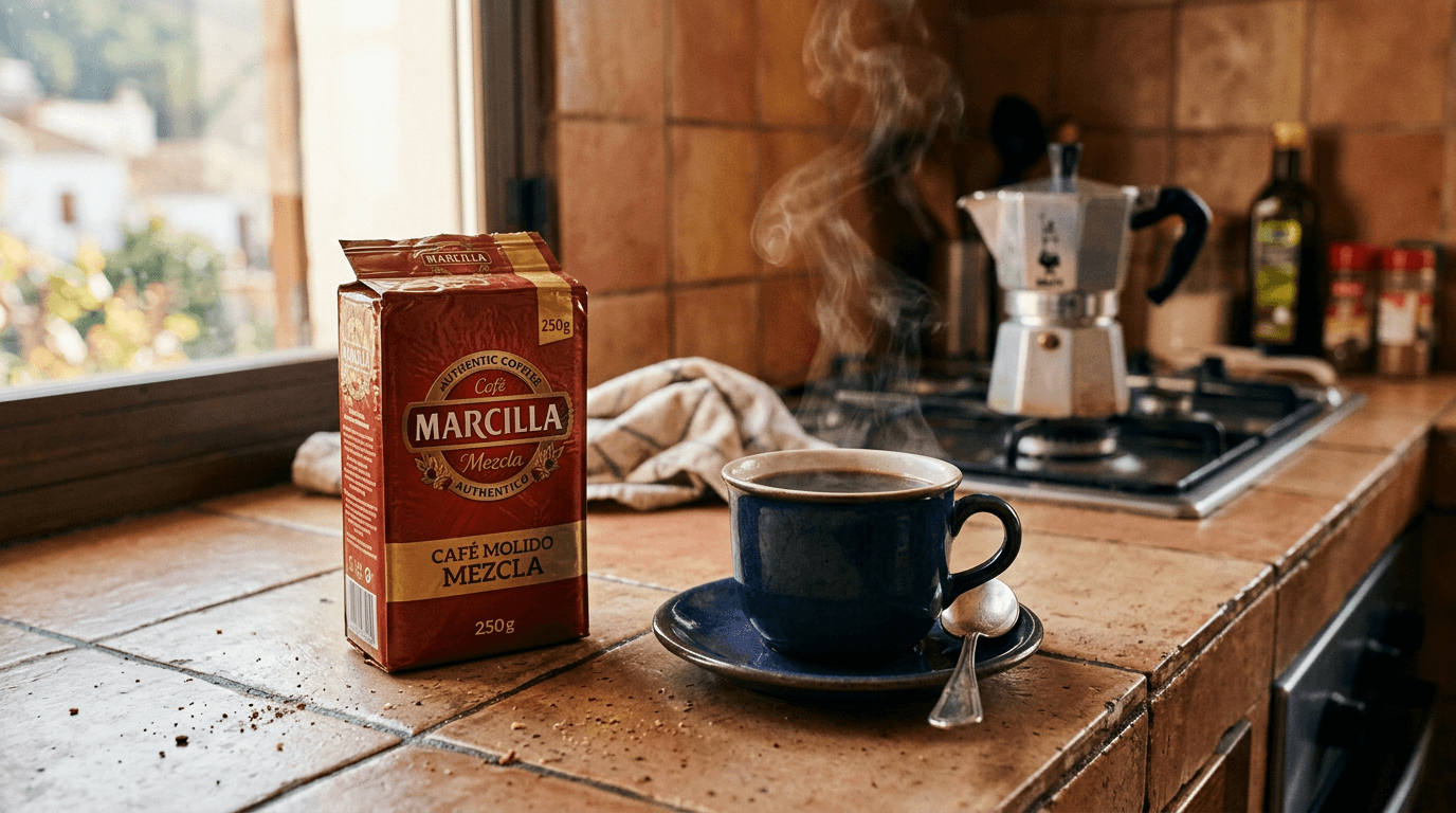 Paquete Marcilla Gran Aroma con taza de café en cocina española, iluminación natural cálida matutina