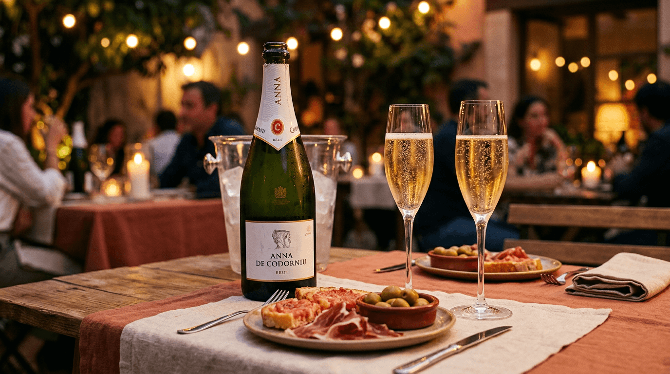 Botella de cava brut Anna de Codorníu junto a dos copas de flauta sobre una mesa de verano, luz dorada de atardecer