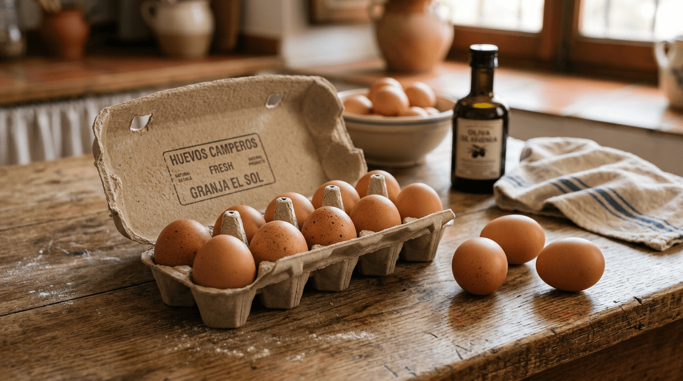 Una docena de huevos frescos en cartón sobre mesa de madera rústica con luz natural de mañana