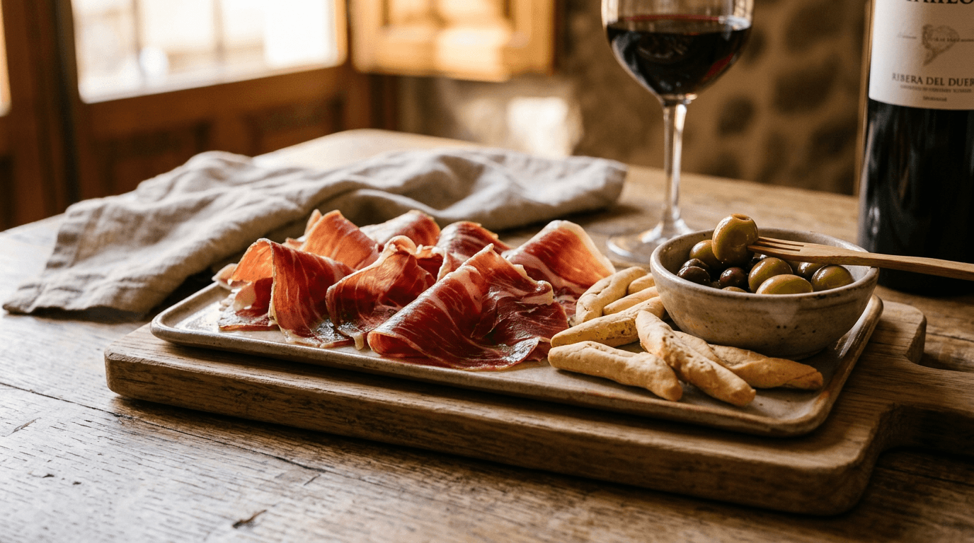 Bandeja de jamón serrano cortado a máquina con pan y aceitunas en tabla de madera
