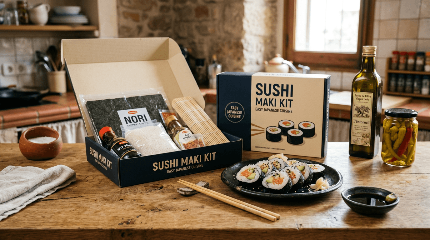 Kit sushi abierto en plato de cerámica negra con palillos y recipiente de salsa de soja