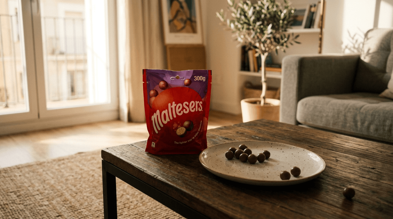 Bolsa de Maltesers 300g sobre una mesa de salón moderno, algunas bolitas sobre un plato de cerámica, sofá desenfocado al fondo