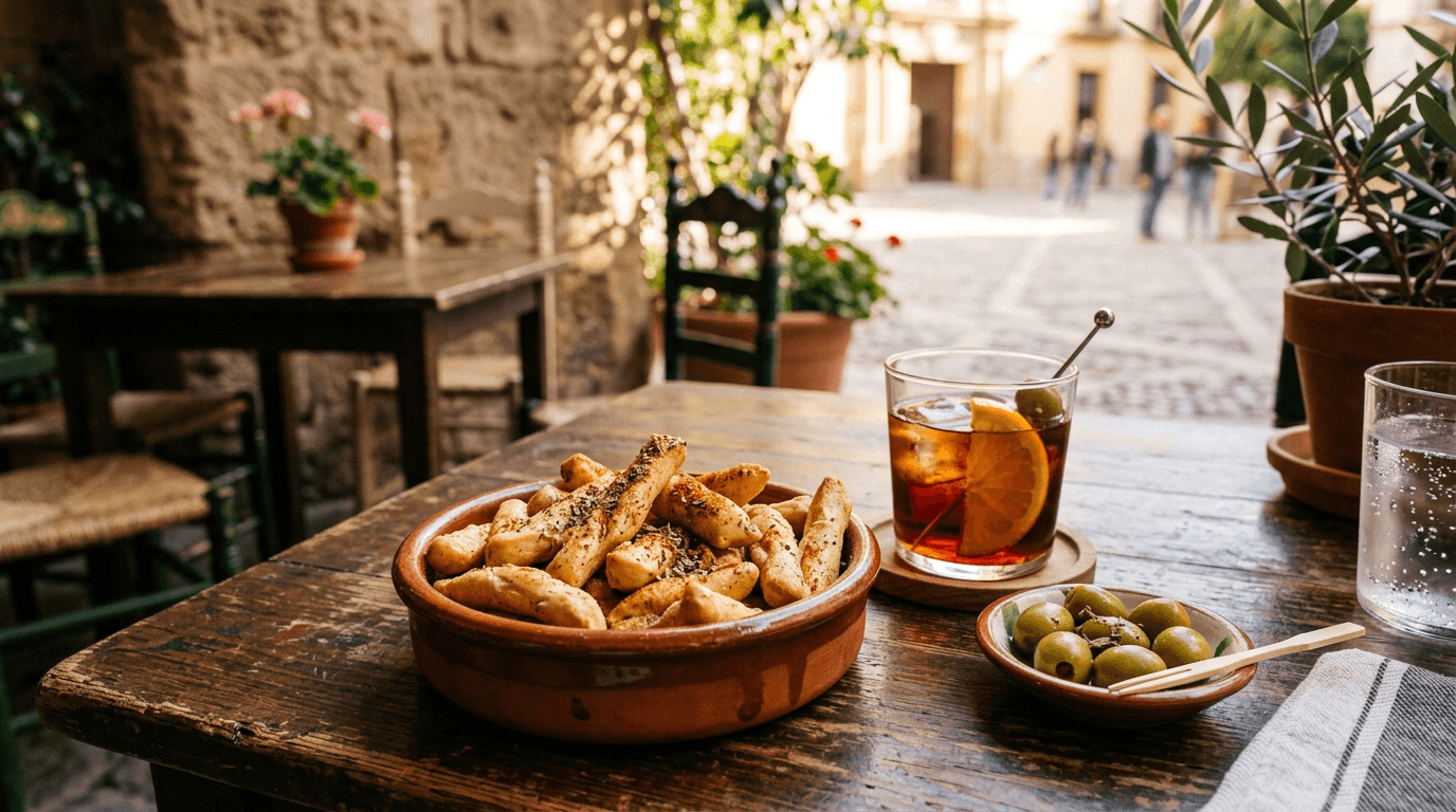 Paquete de panes con tomate y orégano Anitines de Hacendado sobre mesa de madera rústica, con copa de vermouth y aceitunas