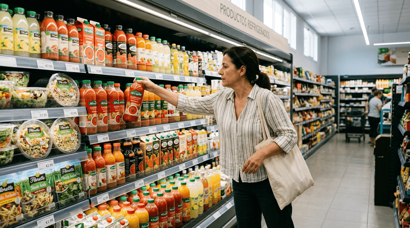 Sección refrigerada de supermercado con botellas de gazpacho, ensaladas preparadas y refrescos