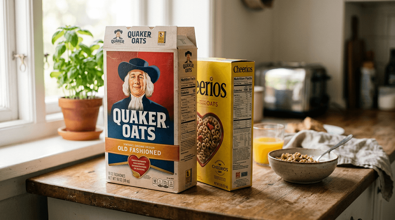 Dos cajas de cereales lado a lado en una encimera de cocina, una más pequeña que la otra, luz matinal natural