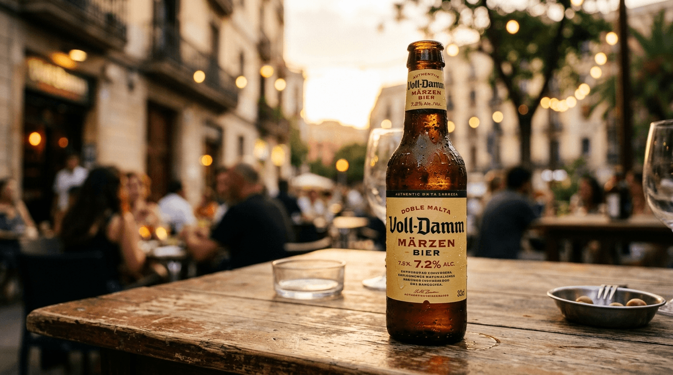 Botella de cerveza Voll-Damm doble malta condensada en frigorífico con gotitas de agua
