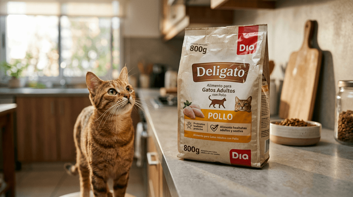 Bolsa de alimento para gatos con pollo Día Deligato de 800 gramos sobre mostrador de cocina blanca