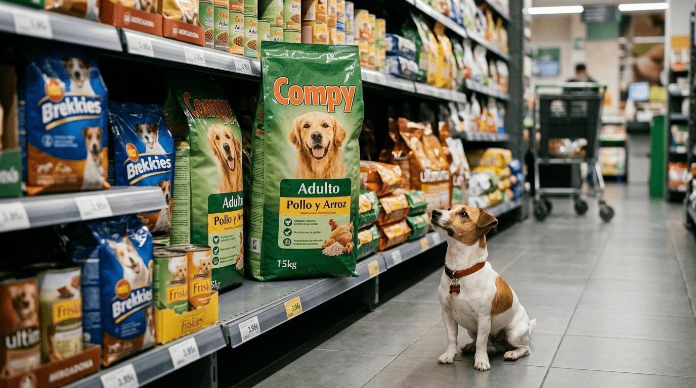 Bolsa de aritos para perro Compy adulto y sénior en el lineal de Mercadona entre otros productos de mascotas.