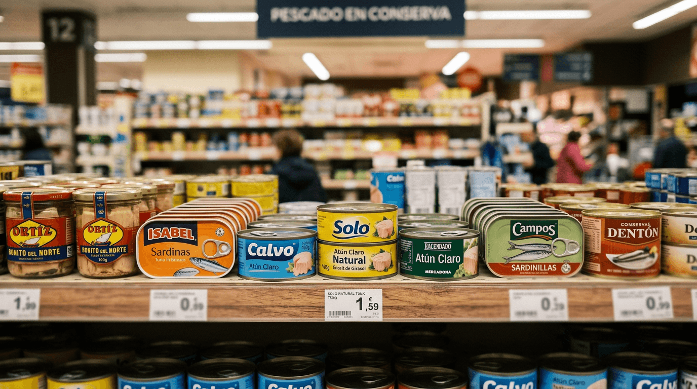 Lata pequeña de atún claro Solo en lineal de Carrefour junto a otras conservas de pescado