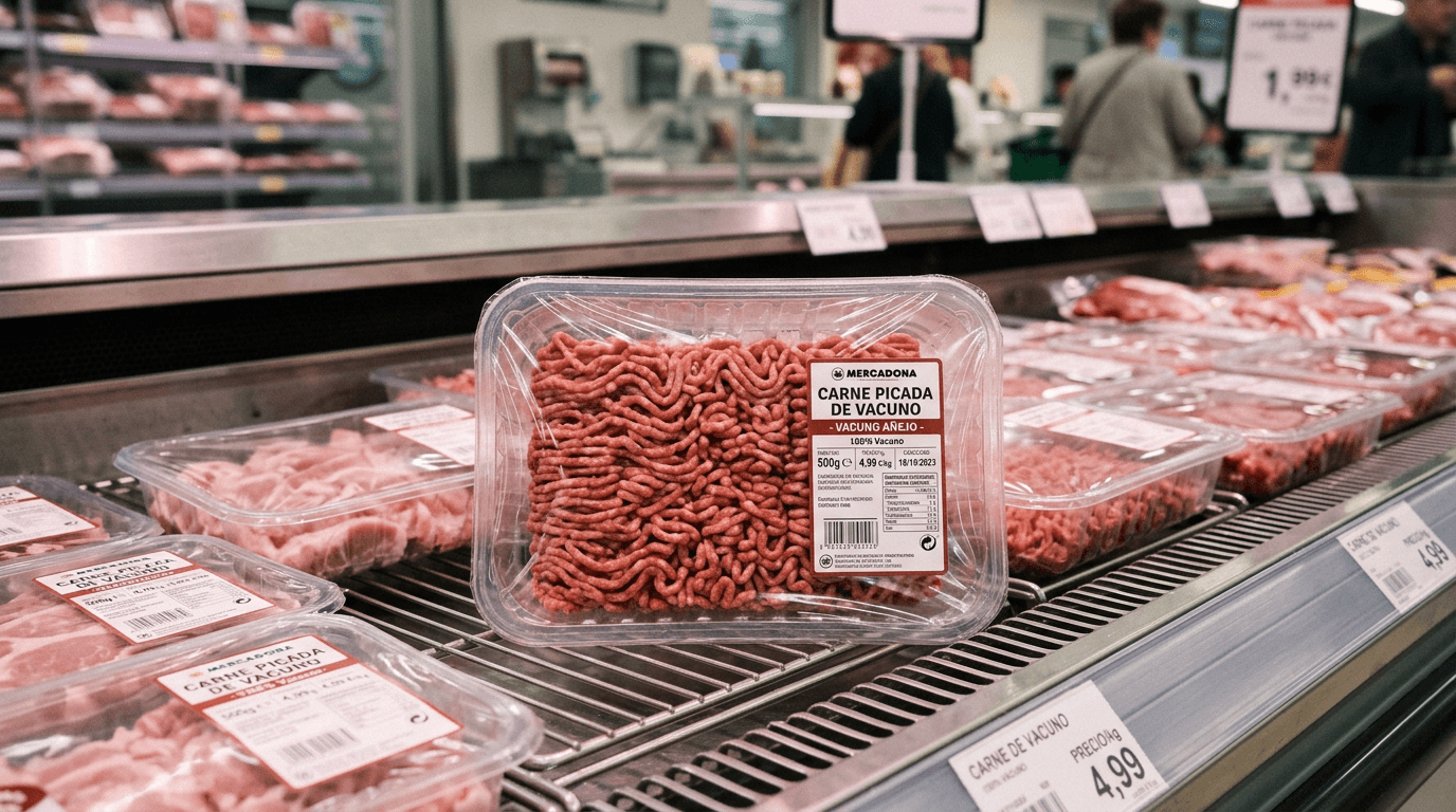 Bandeja de carne picada de vacuno fresca en el frigorífico de la carnicería de Mercadona
