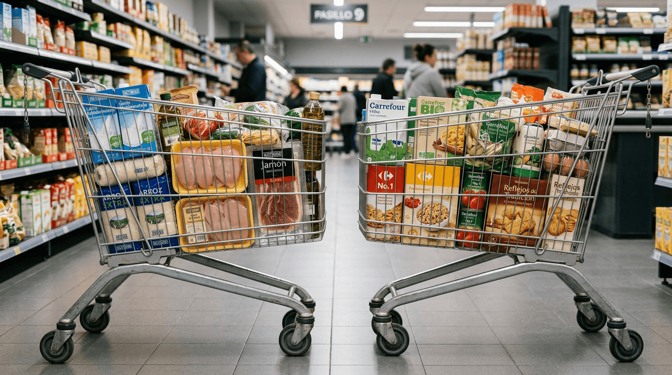 Dos carritos de compra lado a lado con productos de Mercadona y Carrefour en supermercado con iluminación cálida