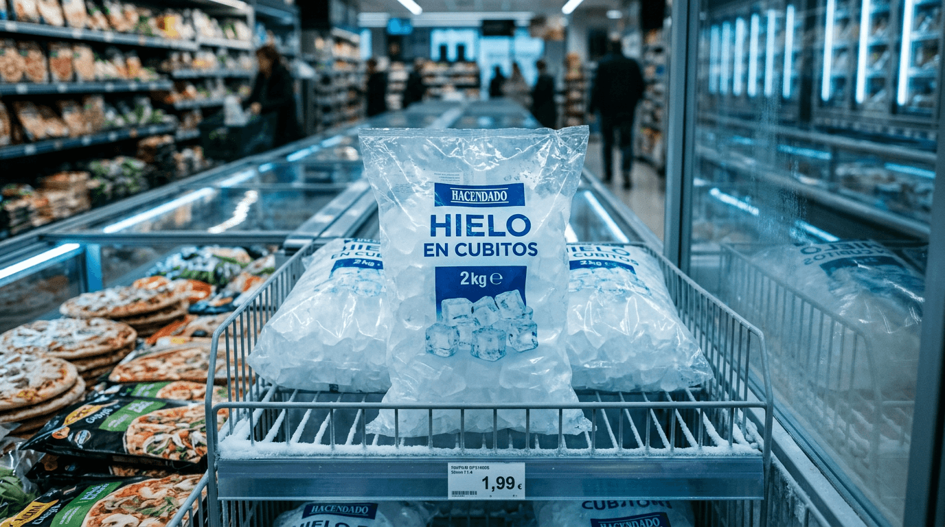Bolsa de cubos de hielo de 2 kg en el congelador de Mercadona con iluminación azul