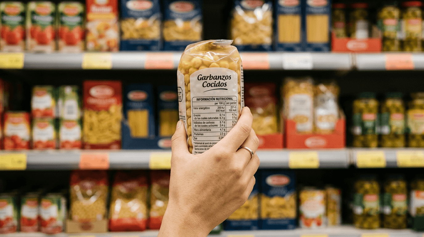 Mano sosteniendo envase de producto con etiqueta nutricional visible en pasillo de supermercado español