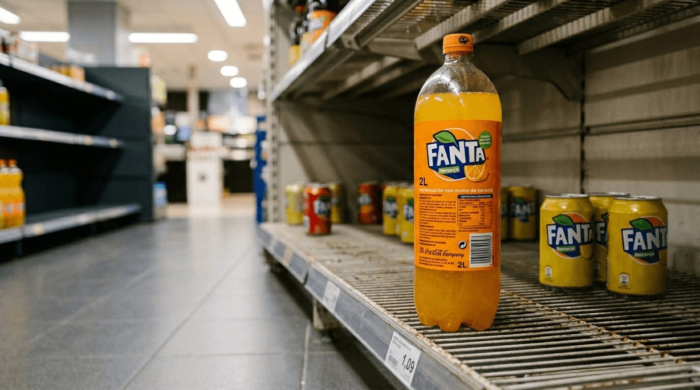 Botella de 2 litros de Fanta naranja en lineal casi vacío de Mercadona con estantes de refrescos