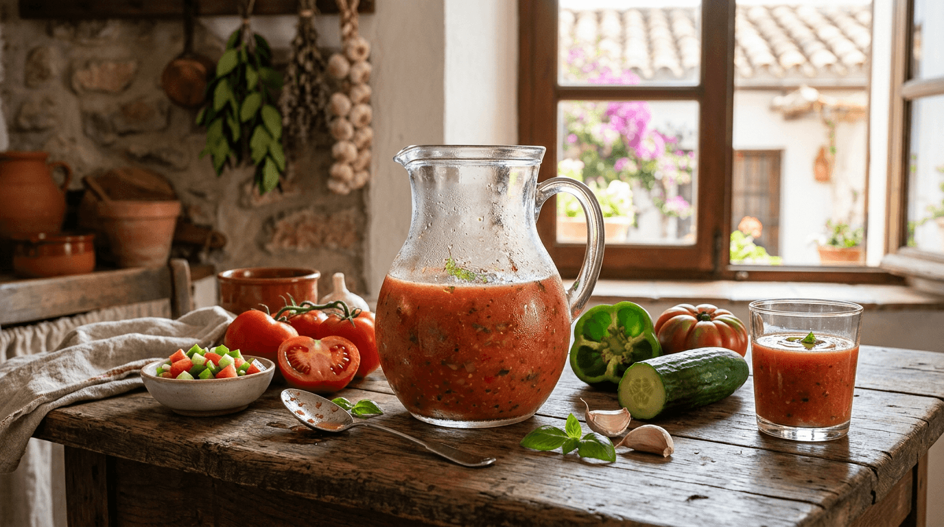Jarra de vidrio con gazpacho rojo, rodeada de tomates frescos, pepino y cebolla. Luz natural mediterránea sobre tabla de madera.