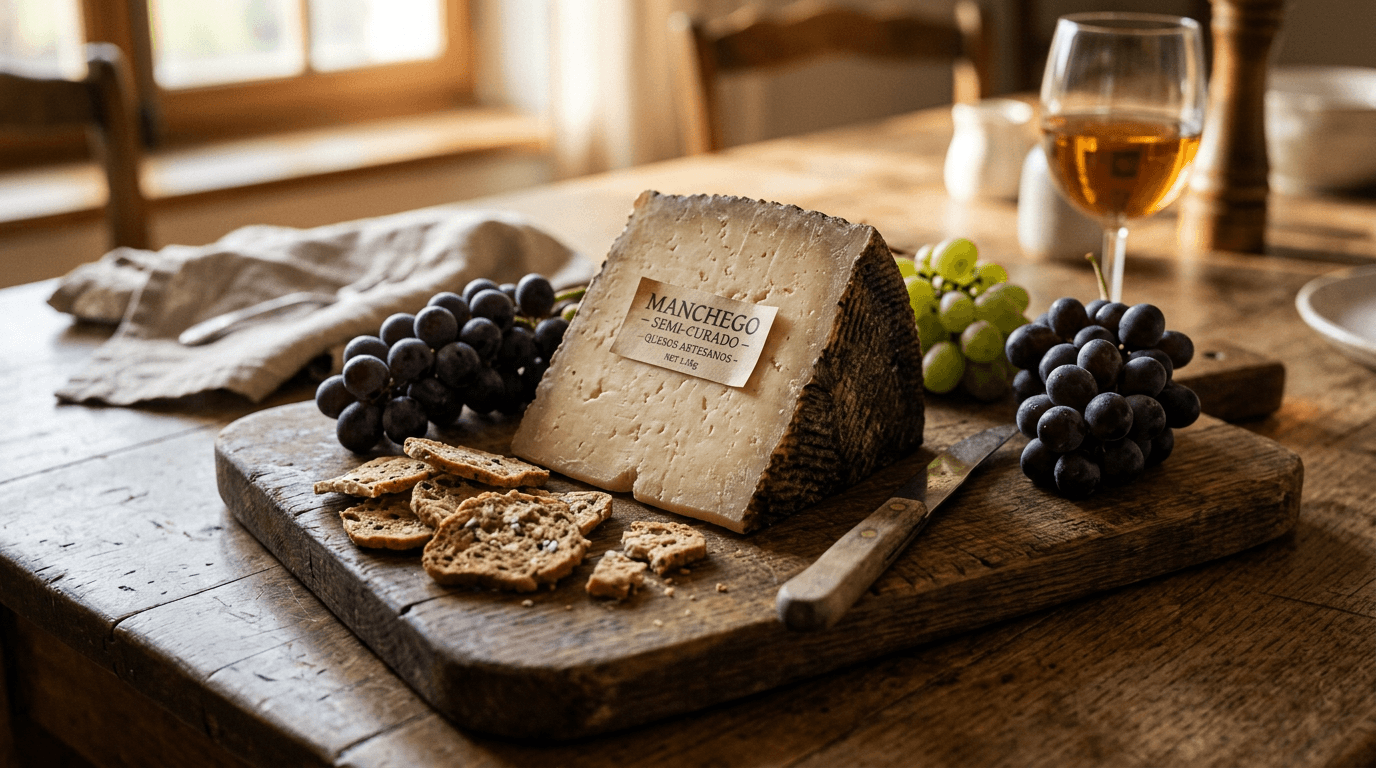 Cuña de queso semicurado Queso Real sobre tabla de madera con frutos secos, galletas y copa de vino