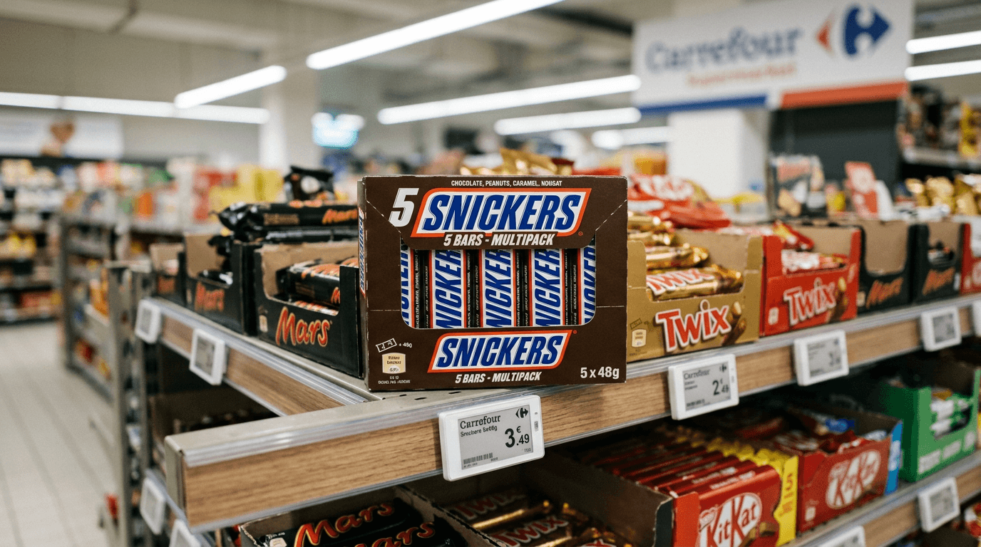 Pack de cinco barritas Snickers en el lineal de chocolate de Carrefour con iluminación editorial suave
