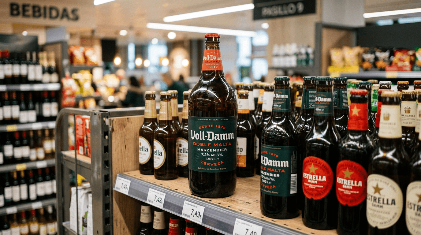 Botella de cerveza doble malta Voll-Damm 1.98L en el lineal de Mercadona junto a otras bebidas