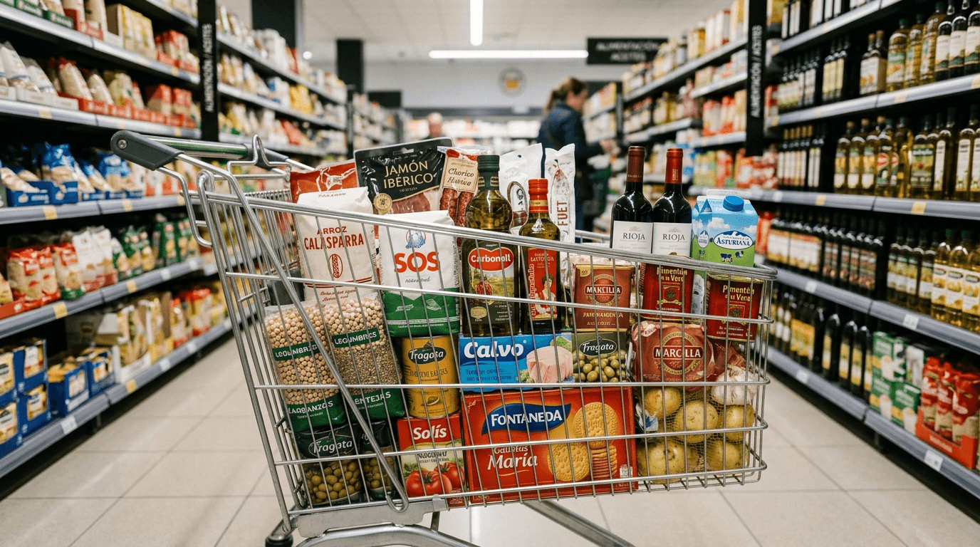 Carrito de compra lleno de productos básicos españoles en pasillo de supermercado con iluminación cenital suave