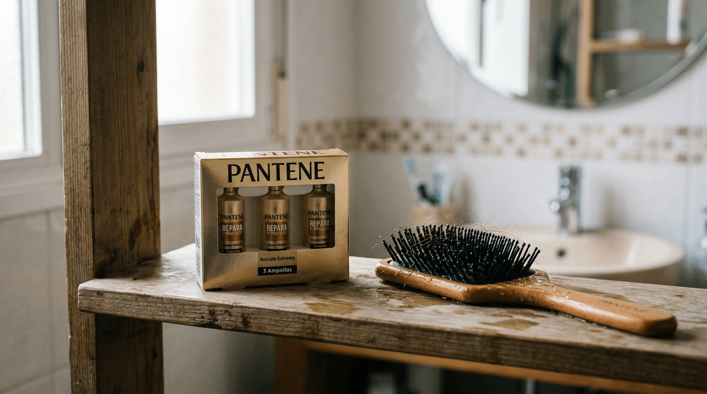 Estuche de ampollas Pantene Repara & Protege sobre estantería de baño con cepillo y productos de cuidado capilar
