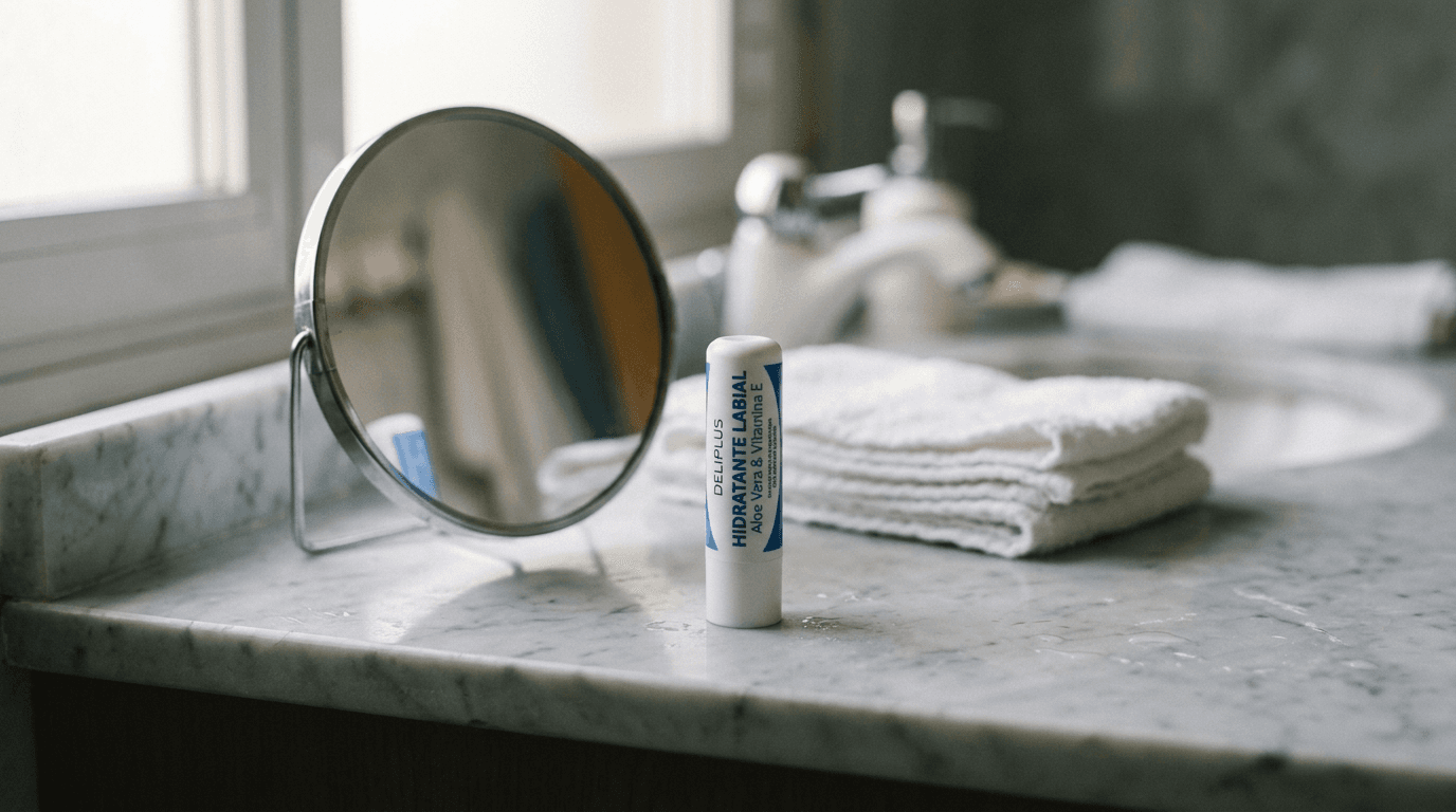 Bálsamo reparador de labios Deliplus de 15 mililitros sobre una superficie de madera con luz natural de mañana