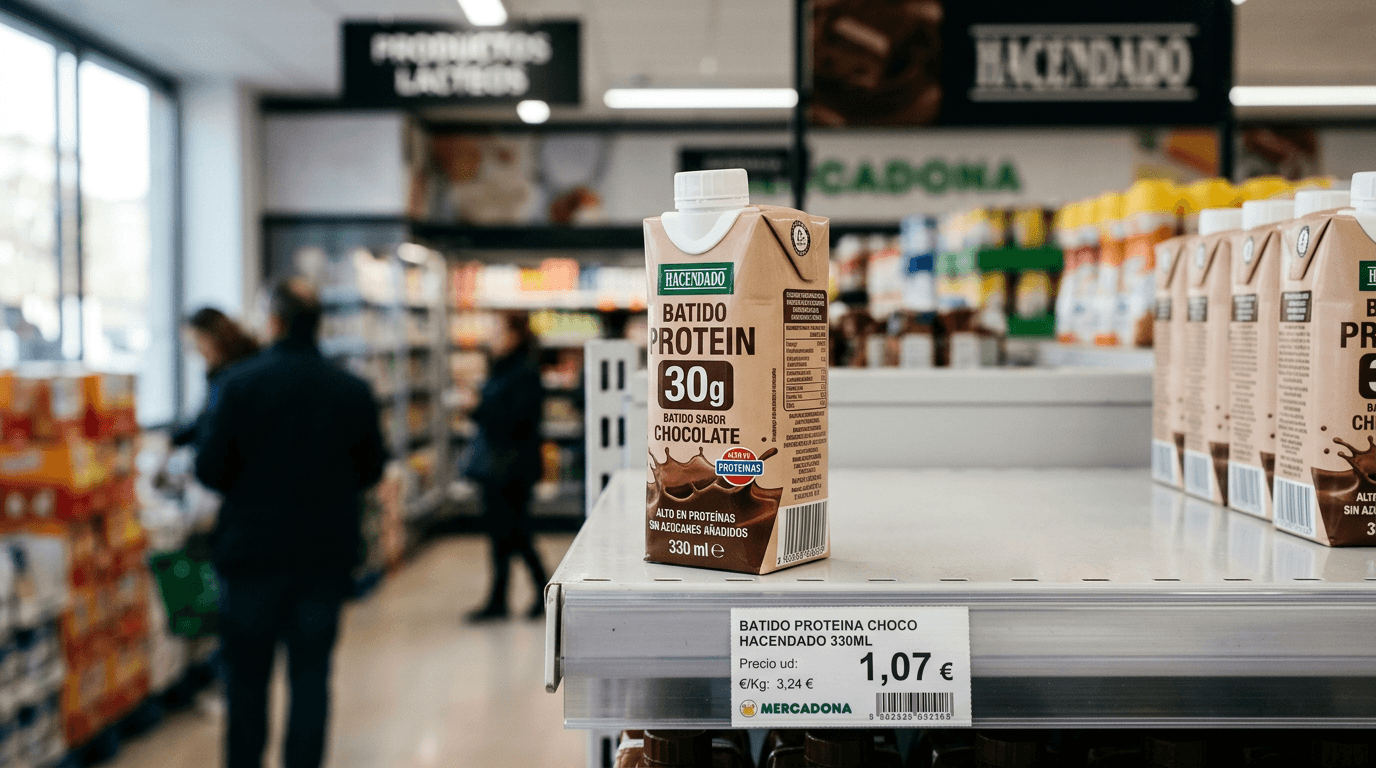 Brick de batido de chocolate Hacendado con 30 gramos de proteína sobre estante de Mercadona