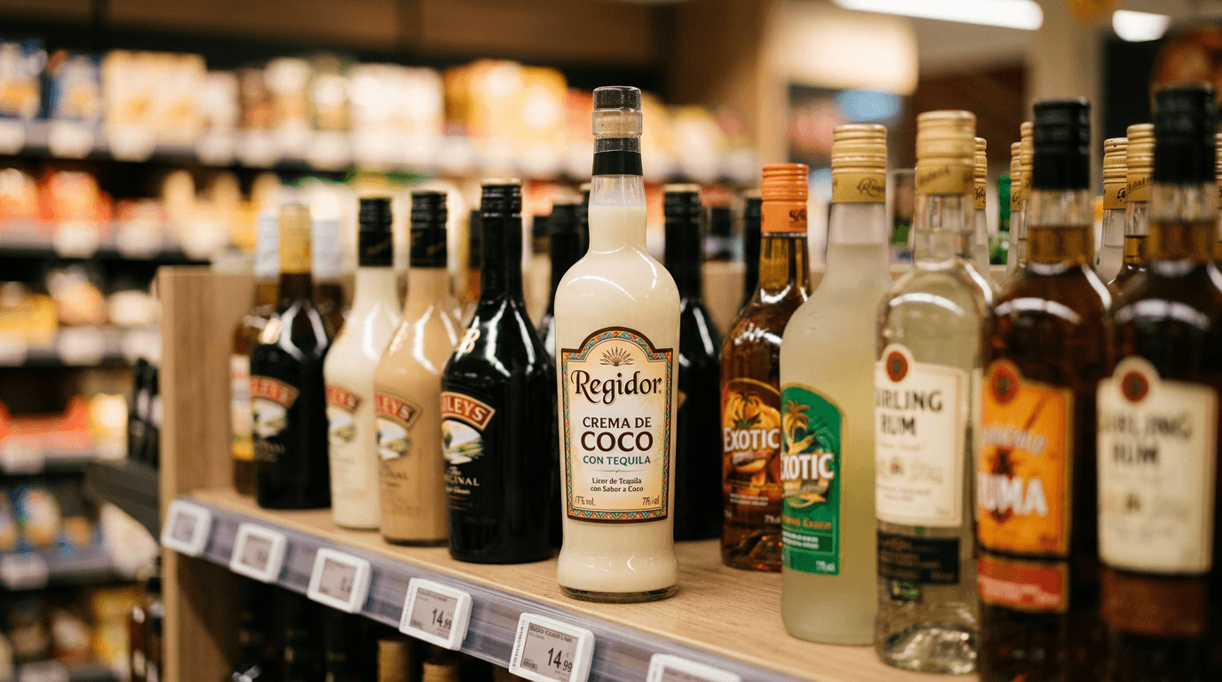Botella de crema de coco con tequila de Regidor en la estantería de licores de Carrefour, con otras bebidas alcohólicas al fondo