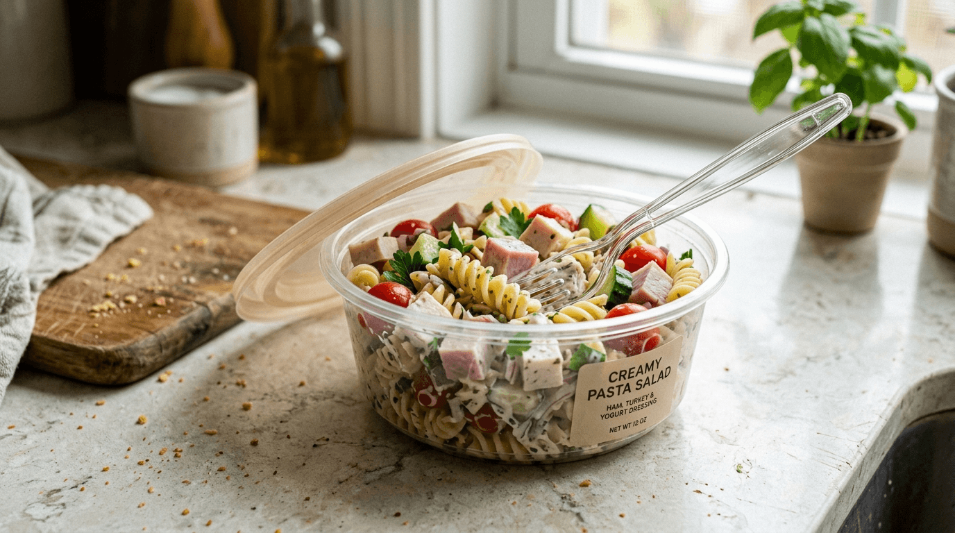Ensalada de pasta lista para comer en bol de plástico transparente con jamón, pavo y aliño de yogur, tenedor incluido