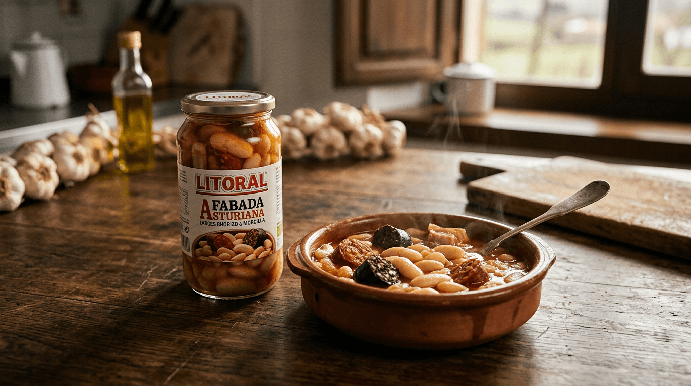 Frasco de fabada asturiana Litoral junto a cuenco de barro con fabada tradicional. Iluminación cálida.