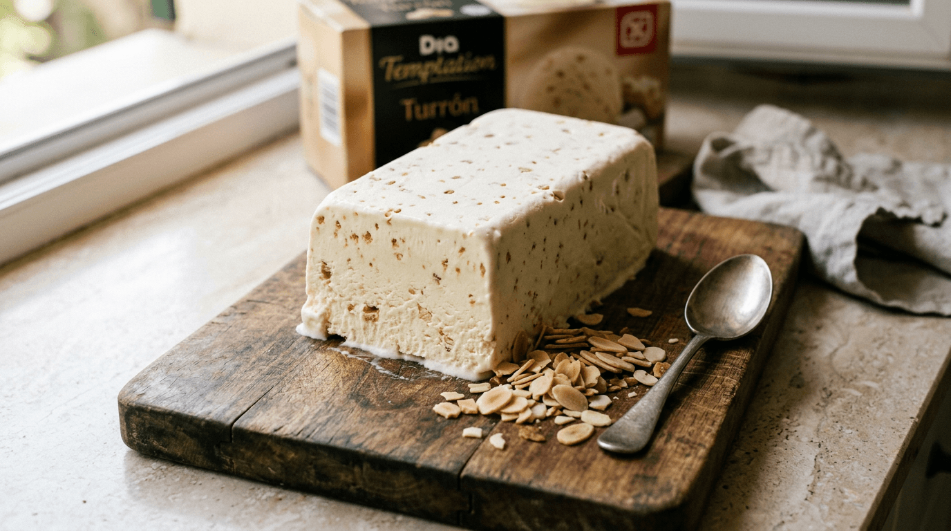 Bloque de helado Temptation Día con sabor a turrón sobre tabla de madera rústica con almendras al lado.
