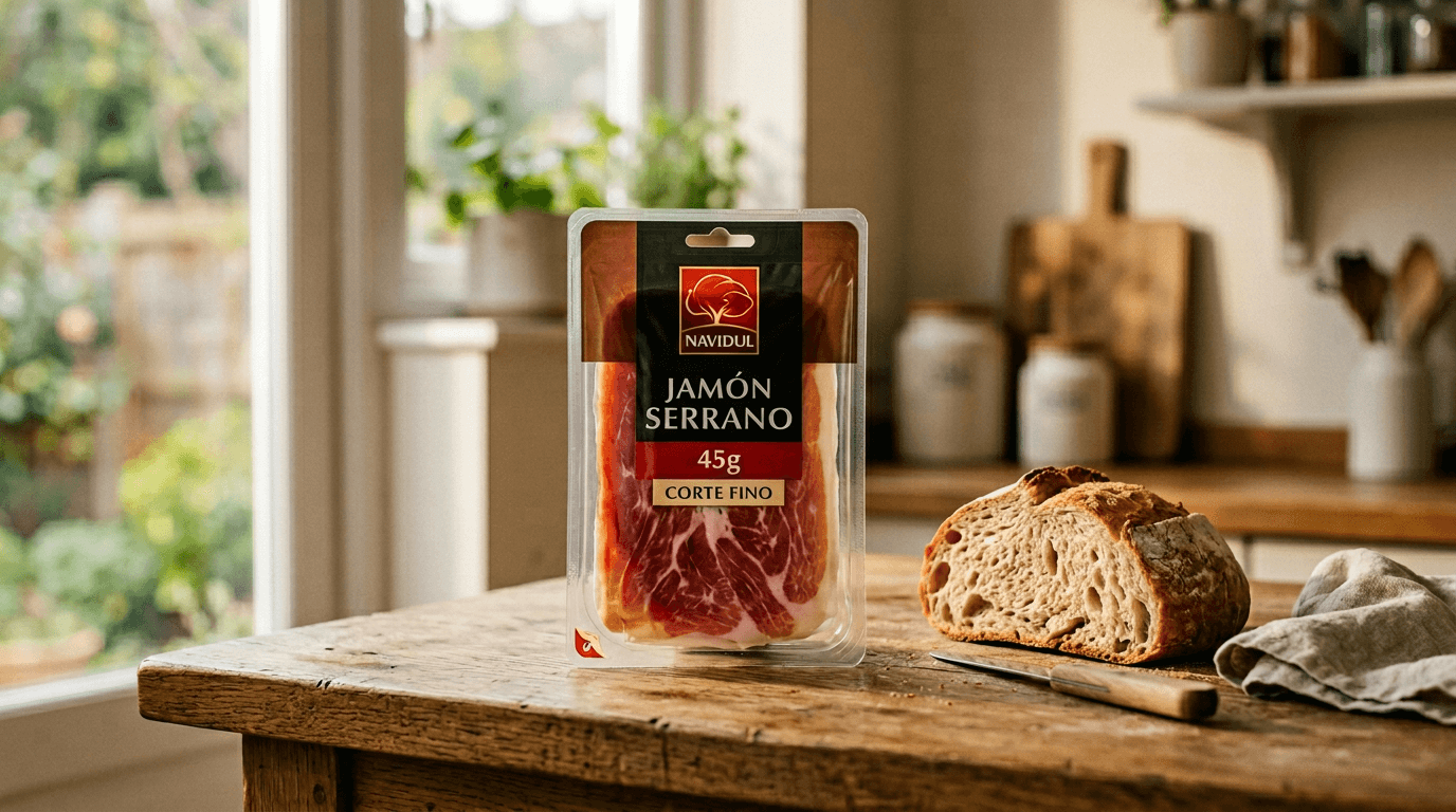 Sobre de jamón curado Navidul de 45 gramos en una encimera de cocina junto a pan fresco