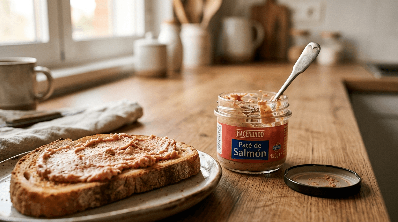 Bote abierto de paté de salmón Hacendado sobre pan tostado en luz natural de cocina
