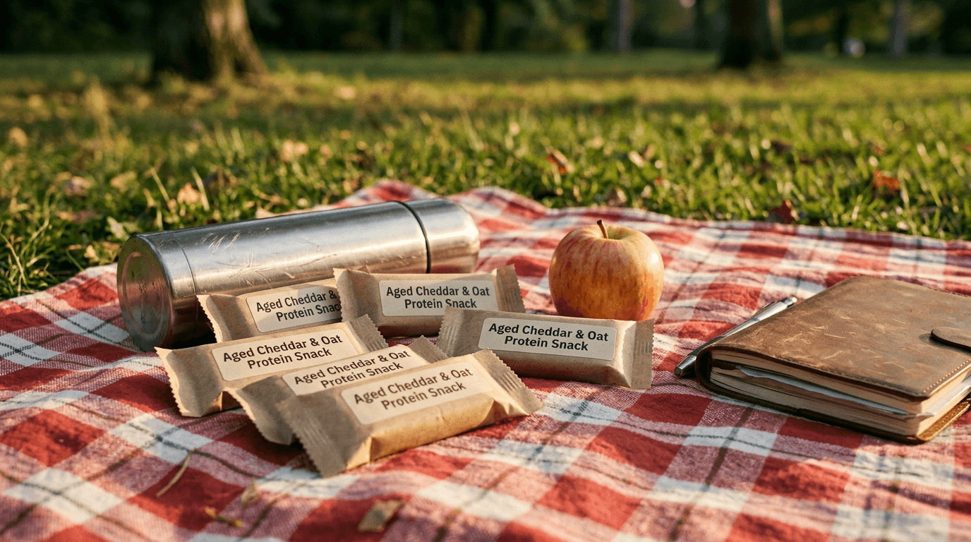 Pack de barritas de queso proteico Eatlean sobre paño de picnic a cuadros con manzana y taza térmica