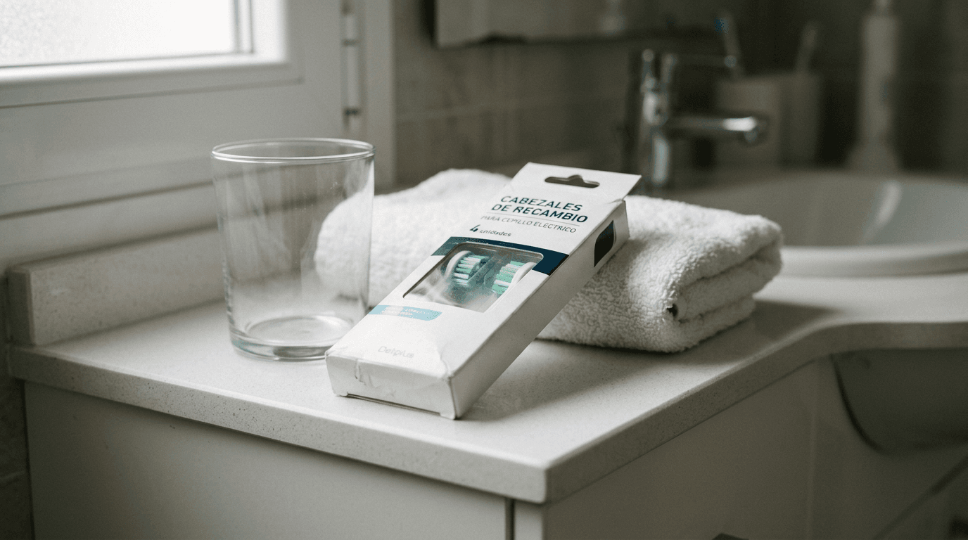 Recambios de cepillo dental eléctrico en envase blanco Deliplus sobre estante de baño con vaso y toalla doblada.