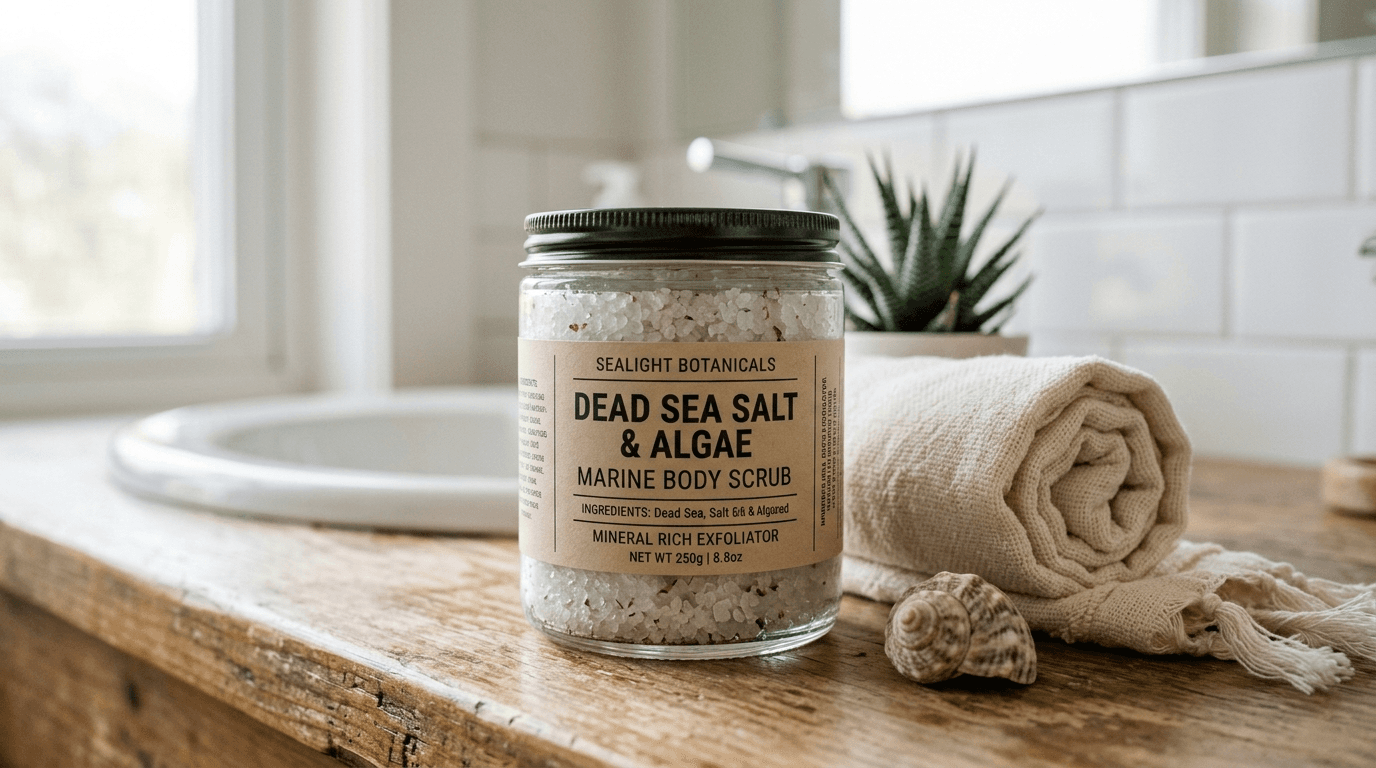 Frasco de exfoliante marino Deliplus con sal del Mar Muerto sobre un toallero blanco junto a una concha marina, iluminación natural de mañana
