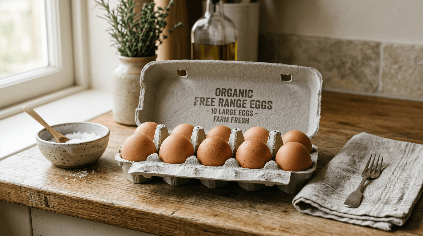 Cartón abierto de diez huevos ecológicos marrones sobre madera de cocina con luz natural del ventanal