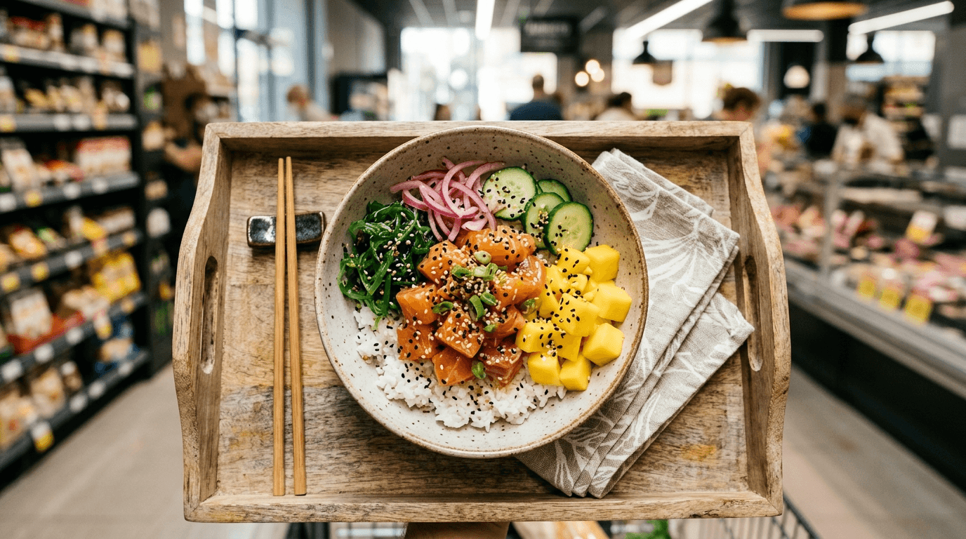Poke bowl de salmón listo para comer con arroz, mango y algas en bandeja de supermercado