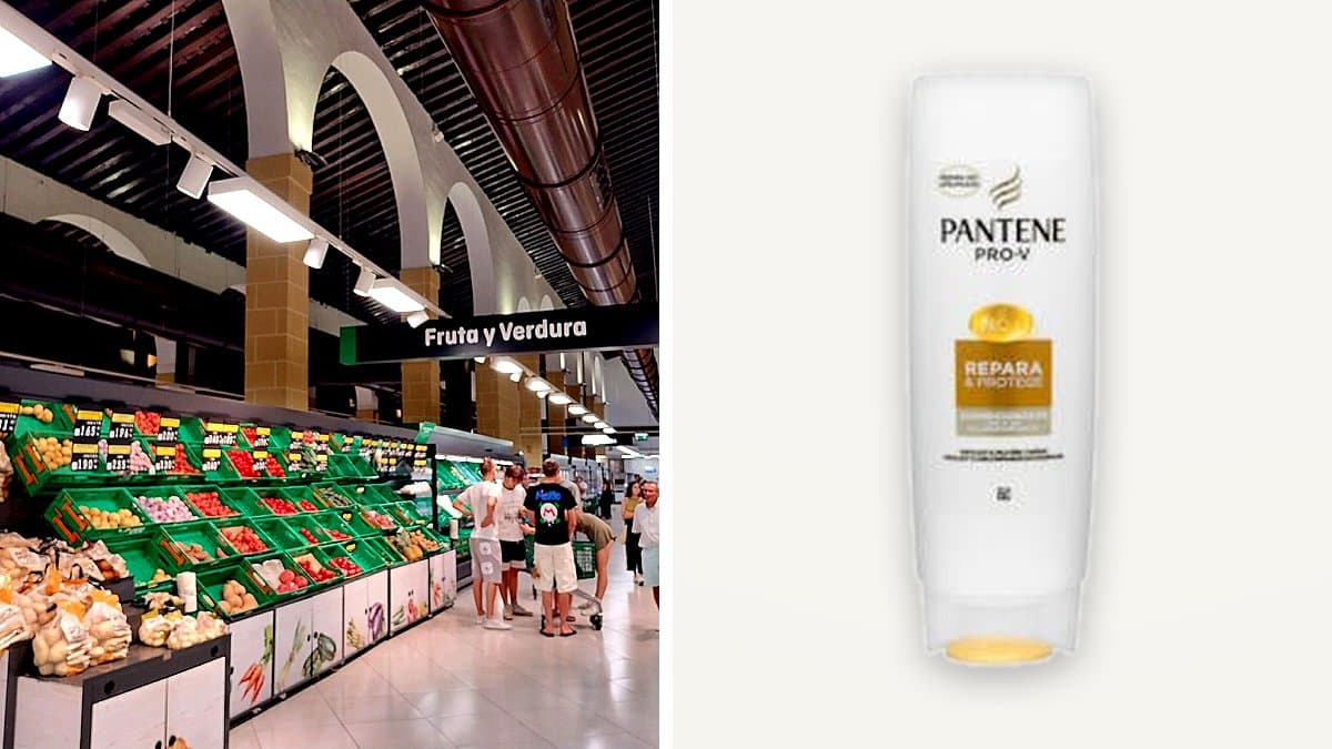 Bote de acondicionador Pantene Repara & Protege sobre encimera de baño mojada con gotitas de agua