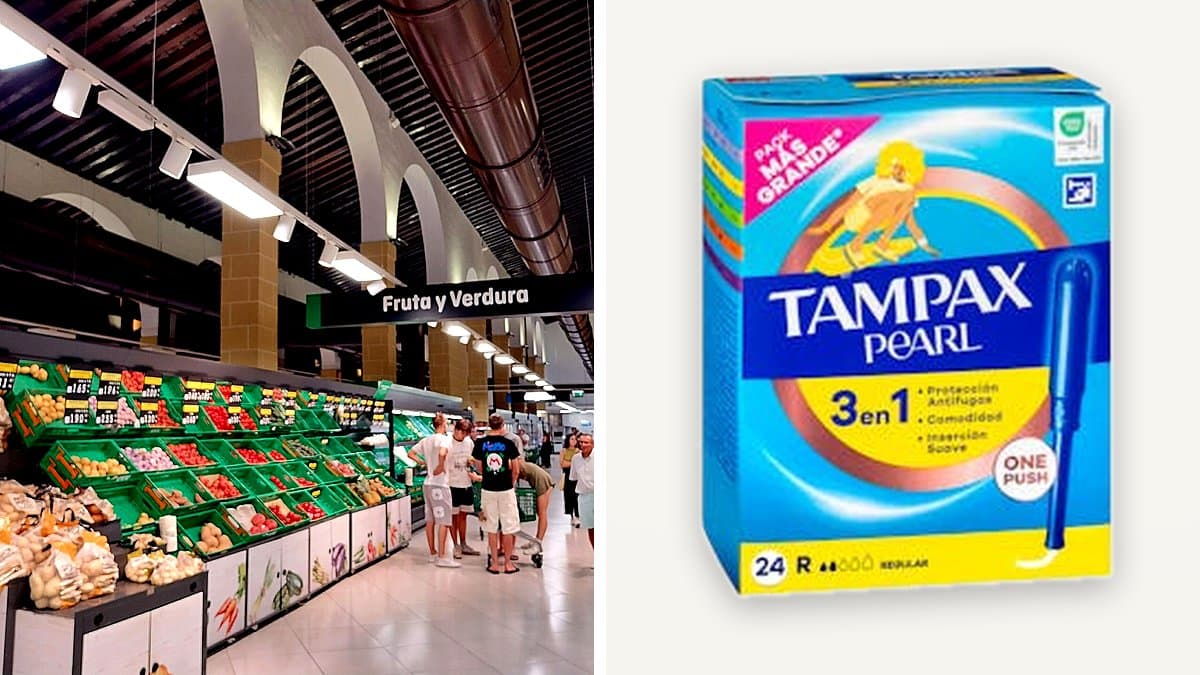 Caja de tampones Tampax Pearl con aplicador en el lineal de higiene íntima de un supermercado