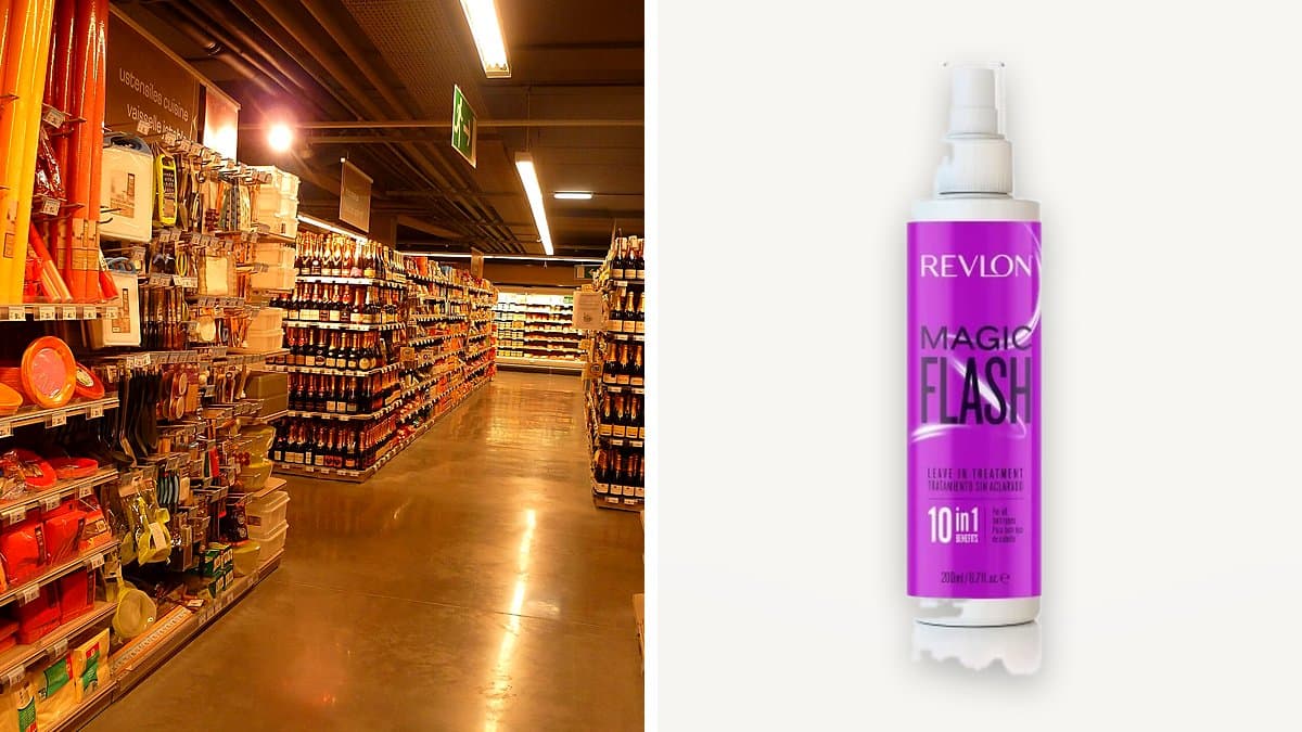 Botella de Revlon Magic Flash en una repisa de baño con toalla húmeda y cepillo, luz natural de verano