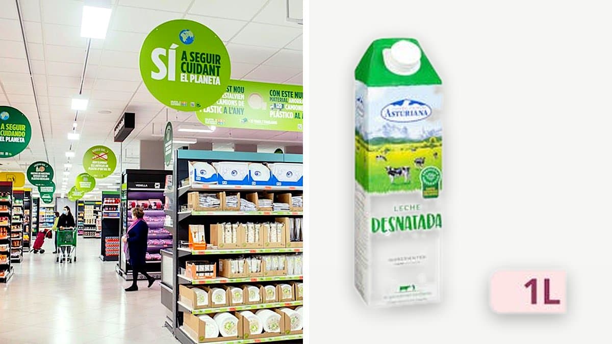 Brik de leche desnatada Asturiana junto a una taza de café y un bol de cereales sobre una mesa de cocina con luz natural de mañana