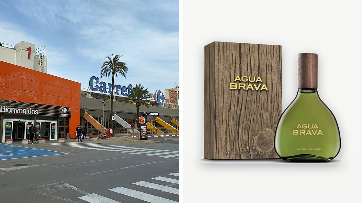 Botella clásica de agua de colonia Agua Brava 200 ml en baño, luz suave lateral, fondo desenfocado