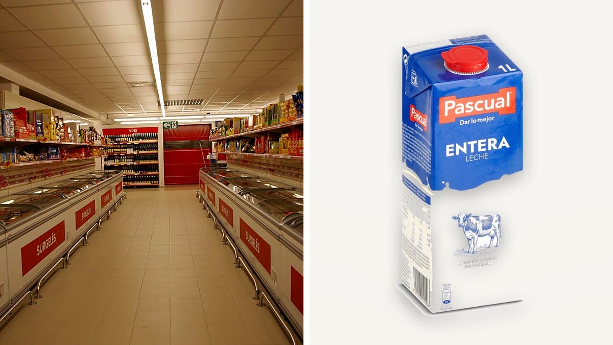 Brik de leche entera Pascual de un litro en la nevera de un supermercado Día, con filas de productos lácteos de fondo