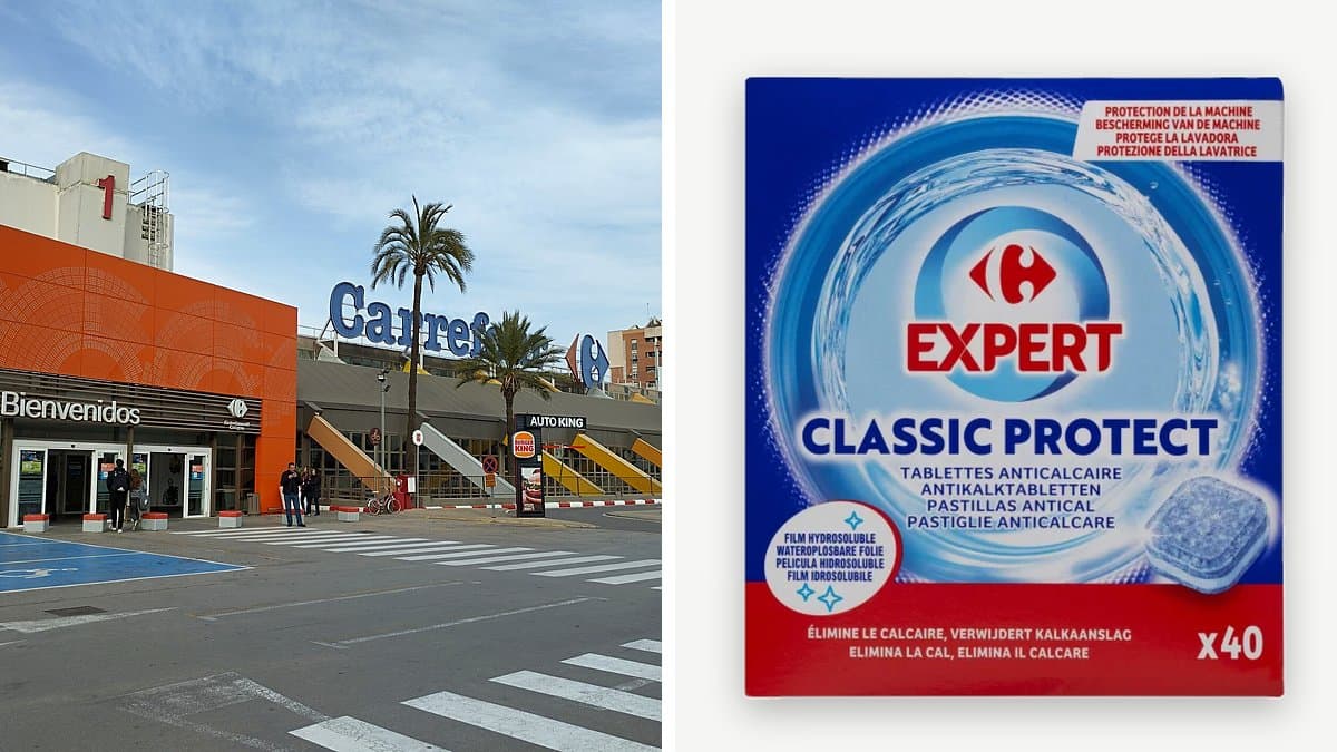 Caja de antical en pastillas Classic Protect de Carrefour Expert sobre lavadora blanca moderna en cuarto de lavado luminoso español