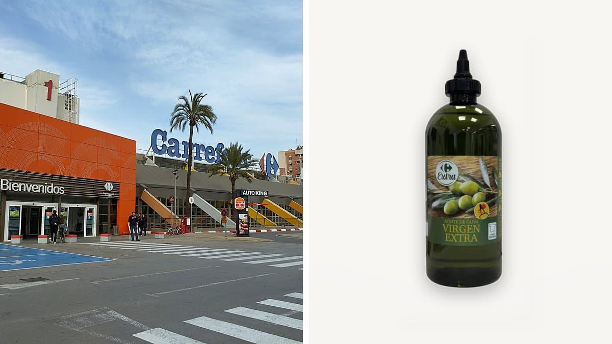 Botella pequeña de aceite virgen extra en estantería de supermercado con etiqueta de precio