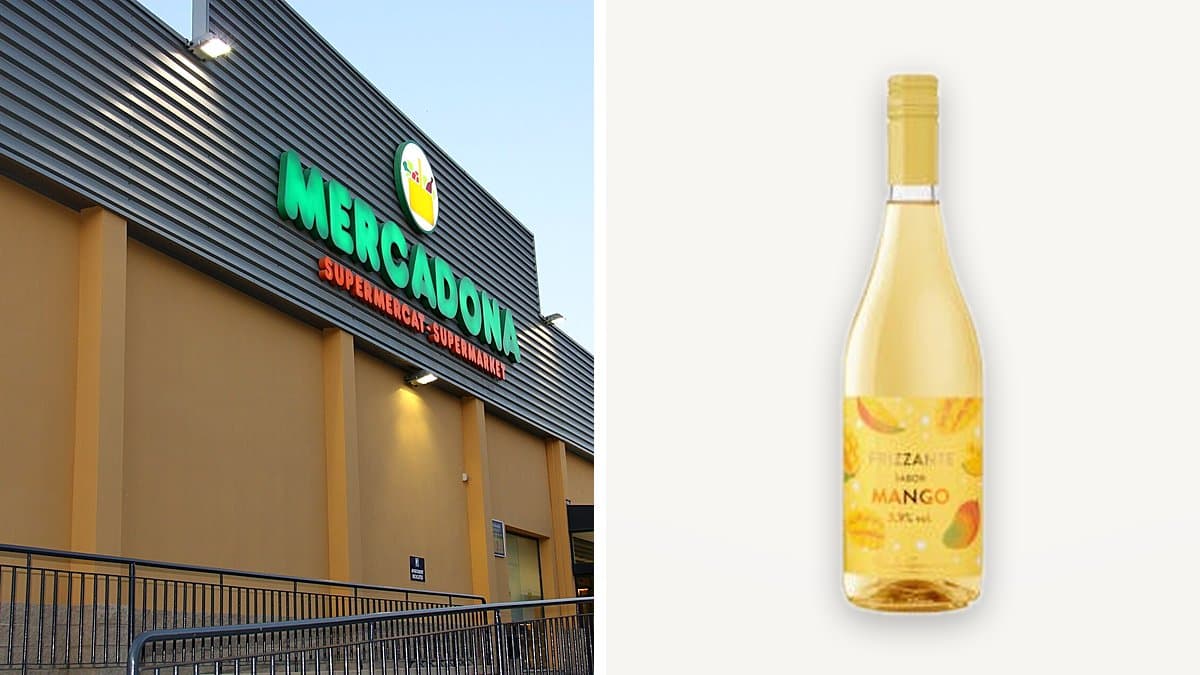 Frizzante de mango con condensación en la nevera de Mercadona, iluminación de tienda, otros refrescos al fondo.